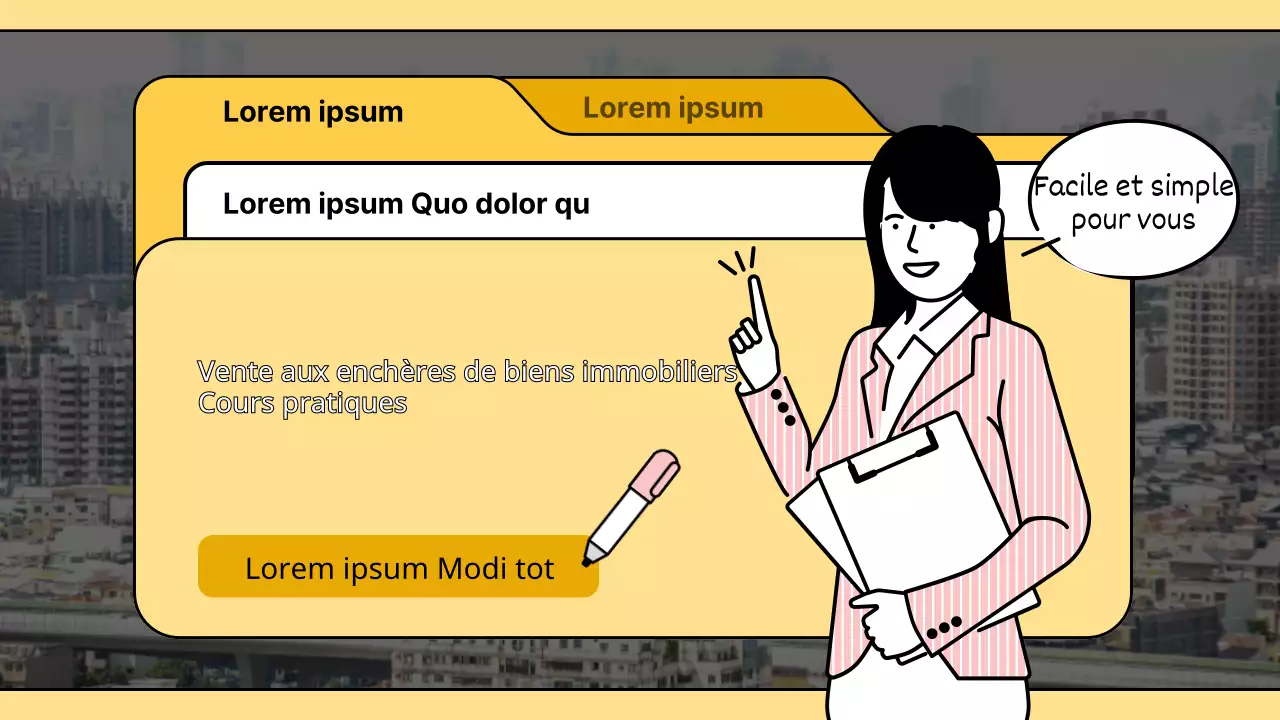 Conférence sur la vente aux enchères de biens immobiliers avec un titre en forme de dossier jaune mettant en évidence le concept