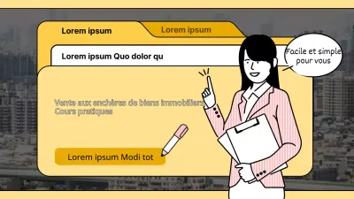 Conférence sur la vente aux enchères de biens immobiliers avec un titre en forme de dossier jaune mettant en évidence le concept