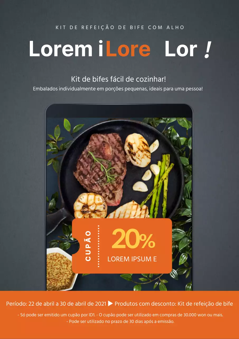 Página do cupão de lançamento do kit de refeição de bife laranja cinzento escuro