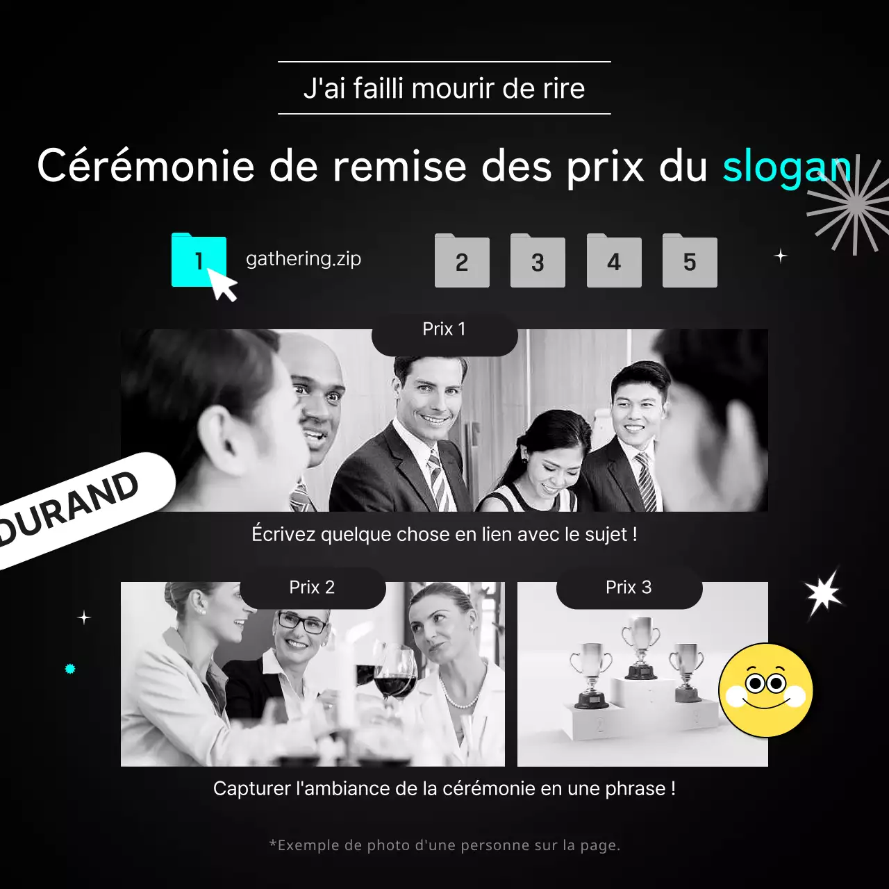 Les gagnants du slogan sont annoncés en noir et blanc avec des points bleu clair et jaunes CardNews