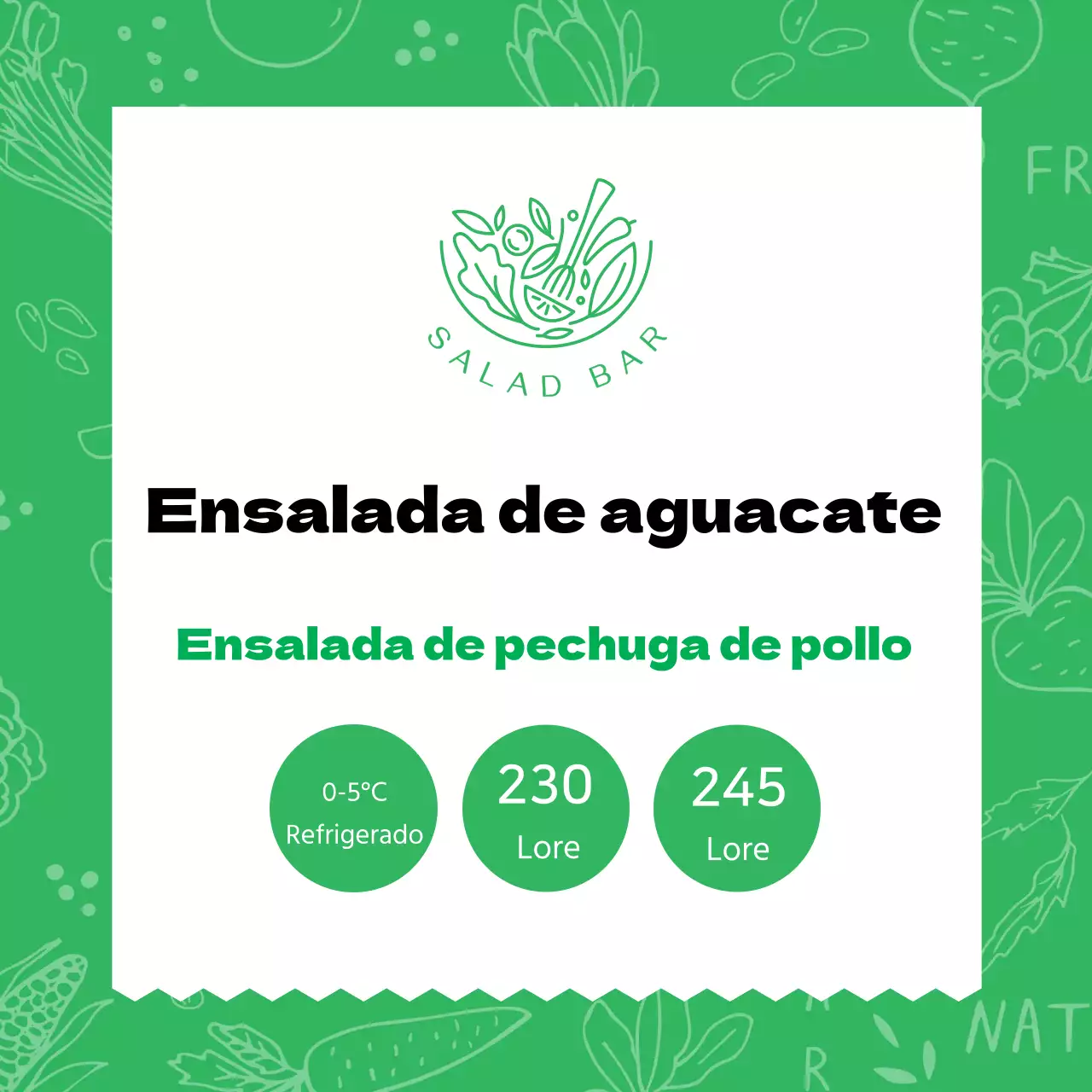 Etiqueta de ensalada de aguacate con estampado verde
