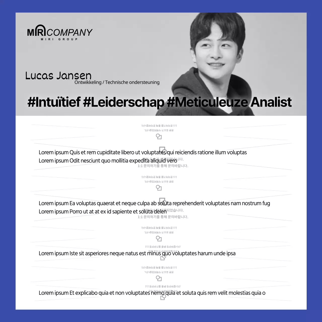 Blauw geel concept zakelijke personeelsintroductiekaart nieuws sociale media inhoud