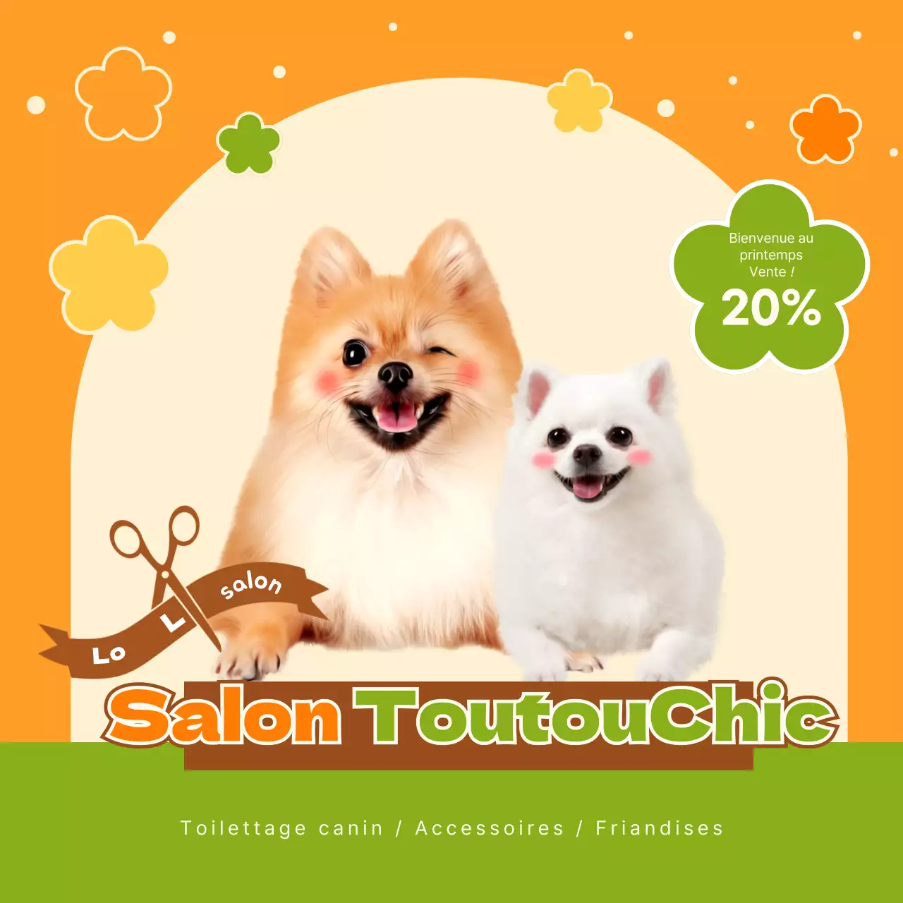 Promotion pour le toilettage d'un mignon chien jaune et vert