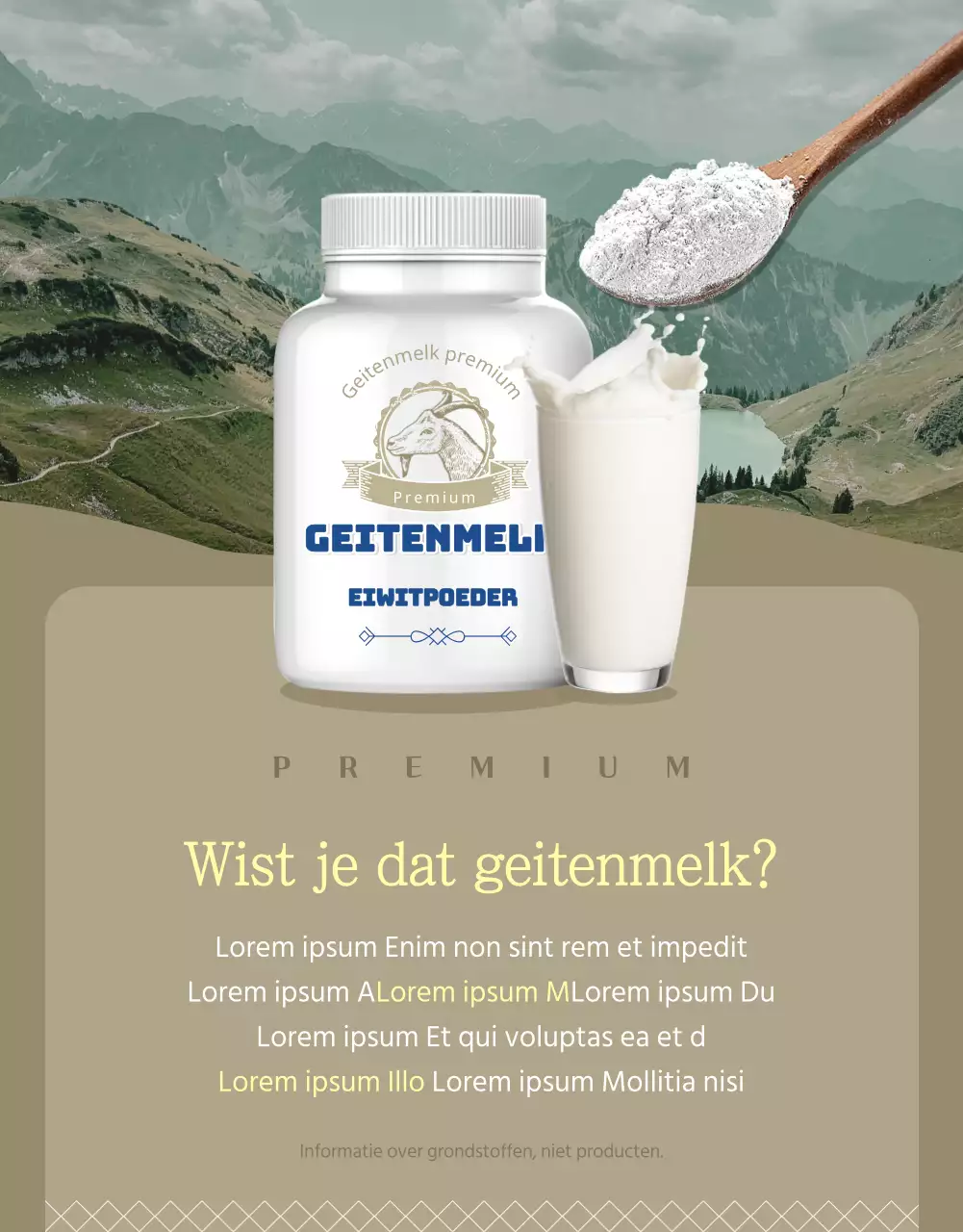 Blauwe, natuurlijke geitenmelk proteïnepoeder gezonde voeding reclame