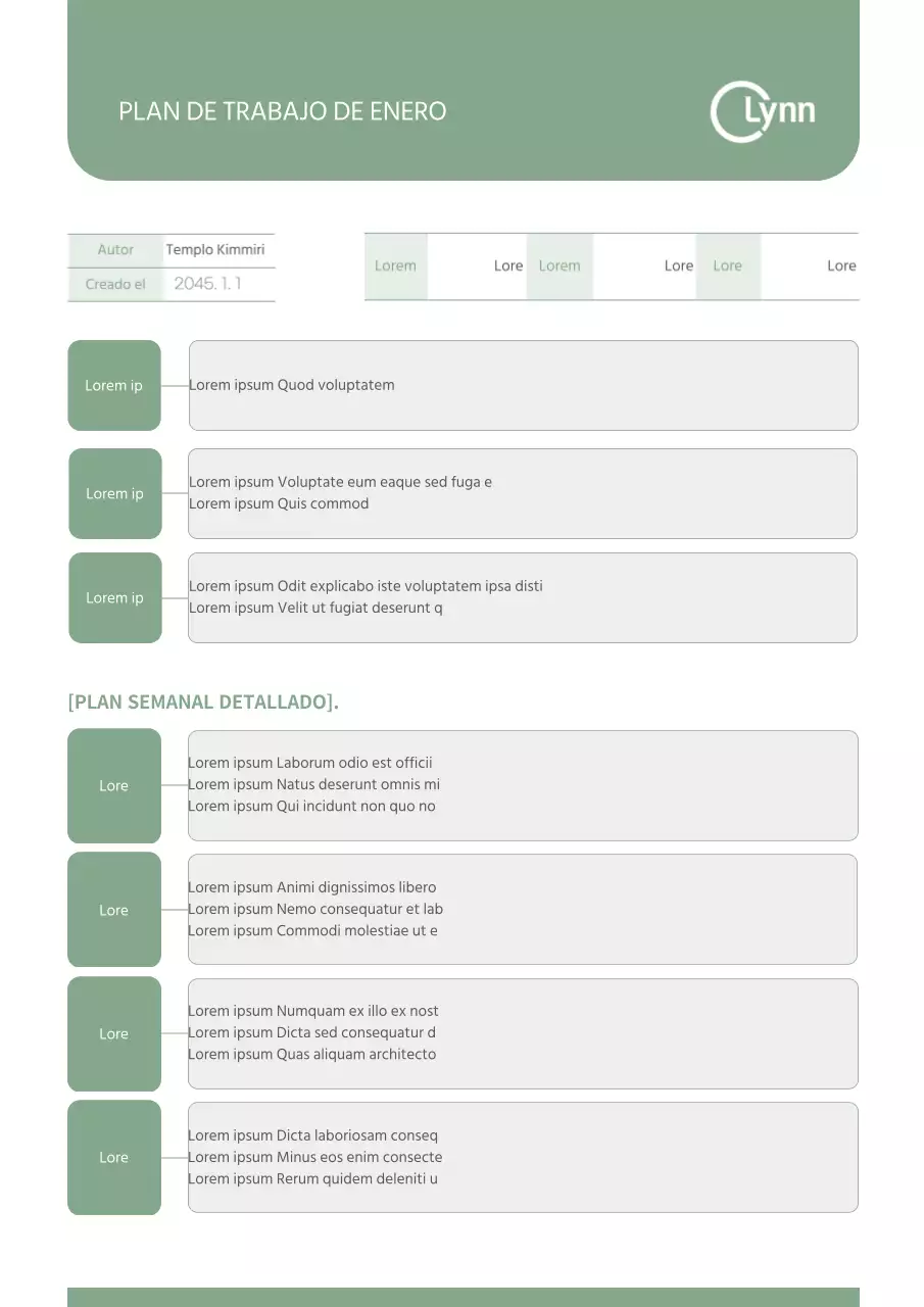 Plan de trabajo mensual en verde calma
