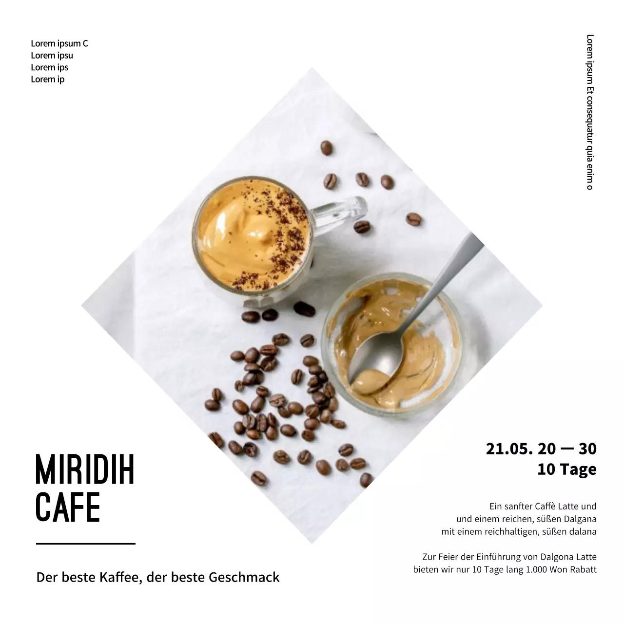 Einfaches Café Menü Zeichen Quadrat mit weißem Hintergrund