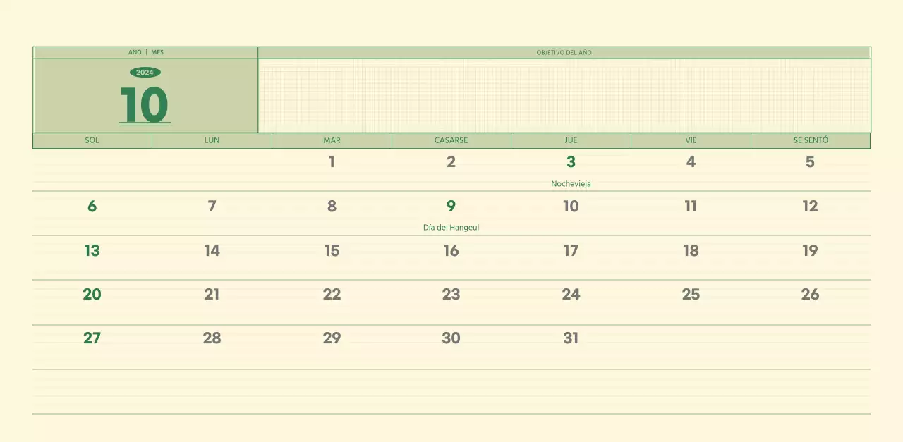 SAT Calendario de pared con concepto de bloc de notas del día D en verde y amarillo claro