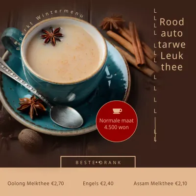 Een stijlvol cafémenu met een sentimenteel theeservies in beige en rood.