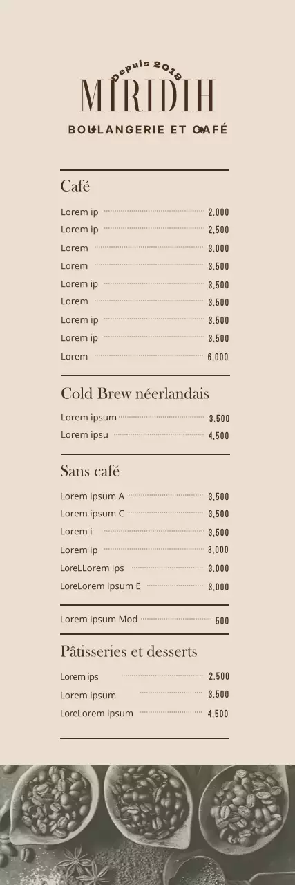 Bannière de menu de café avec photos dans des tons chauds de beige