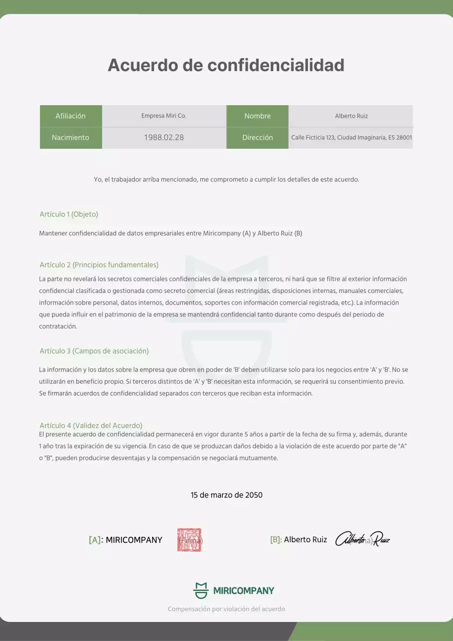 Un compromiso de confidencialidad limpio y verde lima