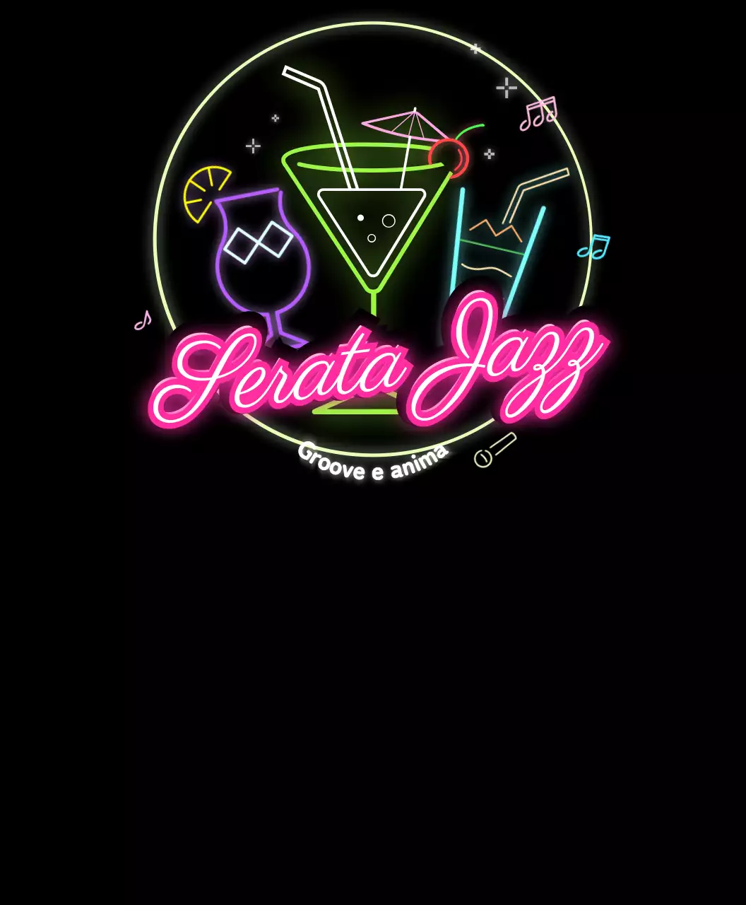 Maglietta del festival jazz con insegne al neon rosa e multicolore