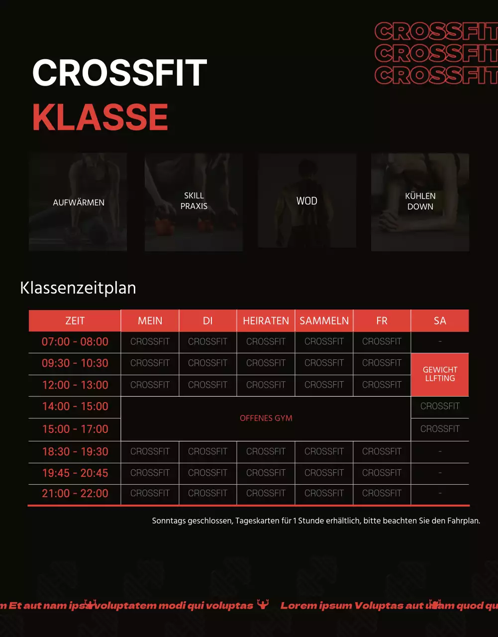Werbung für eine trendige Crossfit-Veranstaltung im Fitnessstudio in Orange und Schwarz