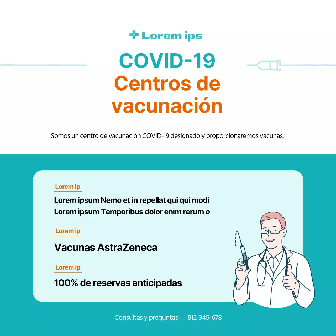 Cartel cuadrado de vacunación contra el coronavirus con ilustración y cuadro en color menta y naranja