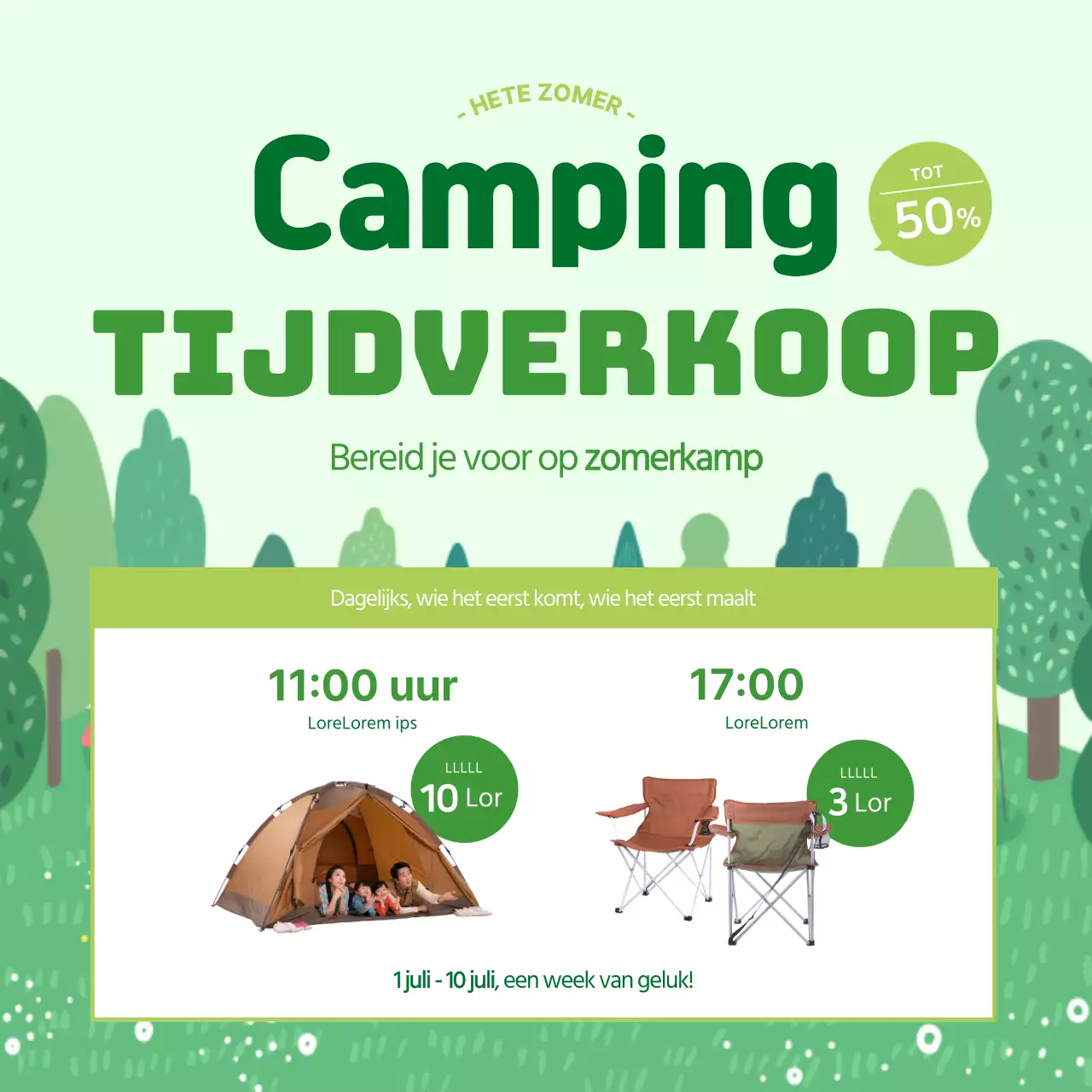 Vierkante banner met limoengroene campinguitverkoop