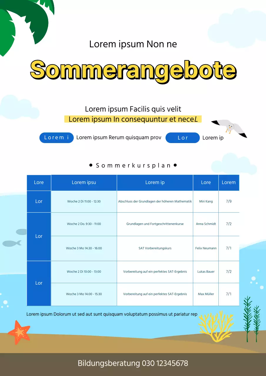 Ein hübsches, blaues Flugblatt, das die Sommerferienkurse ankündigt