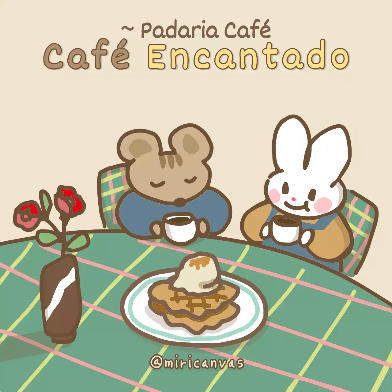Um café com ilustrações giras em bege e castanho