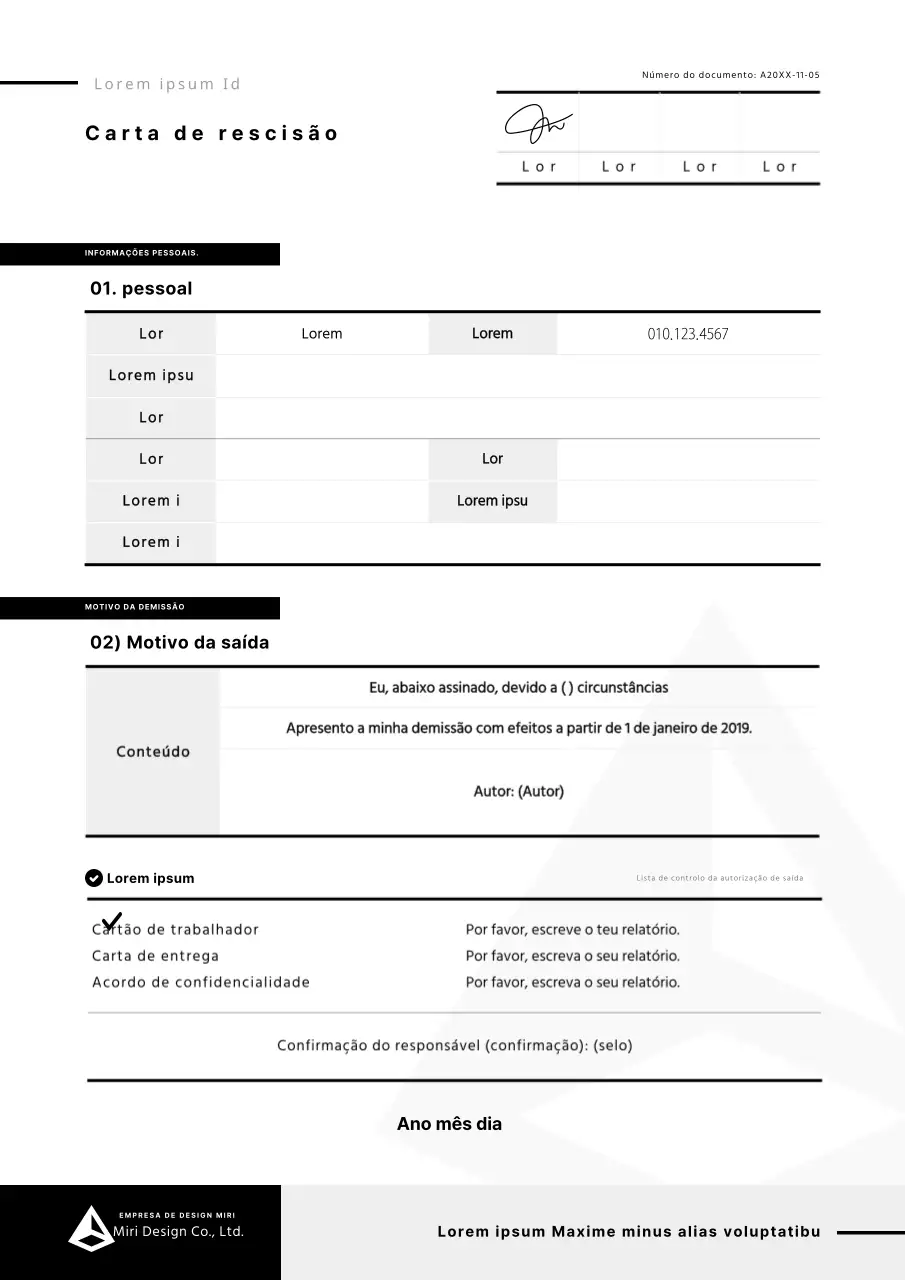 Carta de demissão simples formulário de confidencialidade em preto