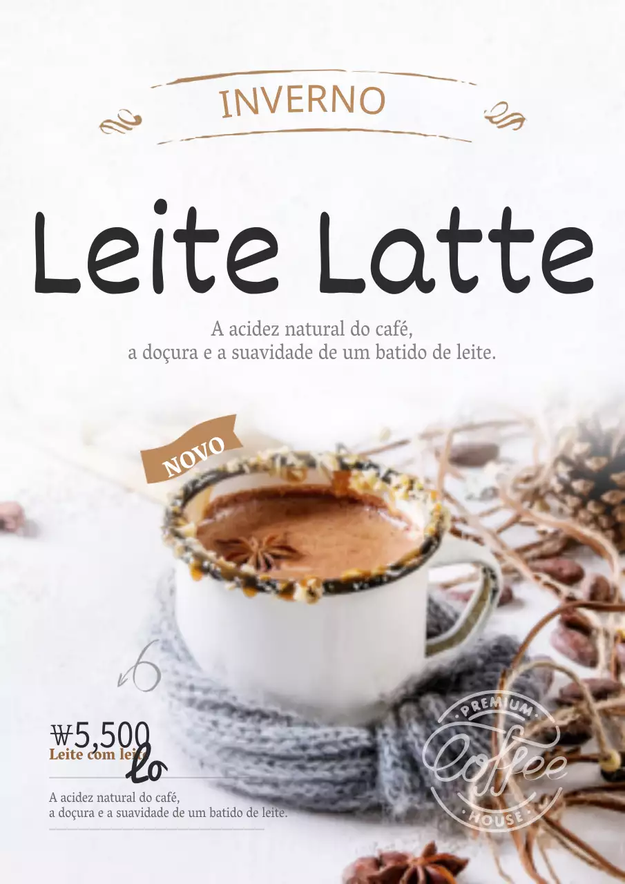 Menu fotográfico de café com leite quente em branco