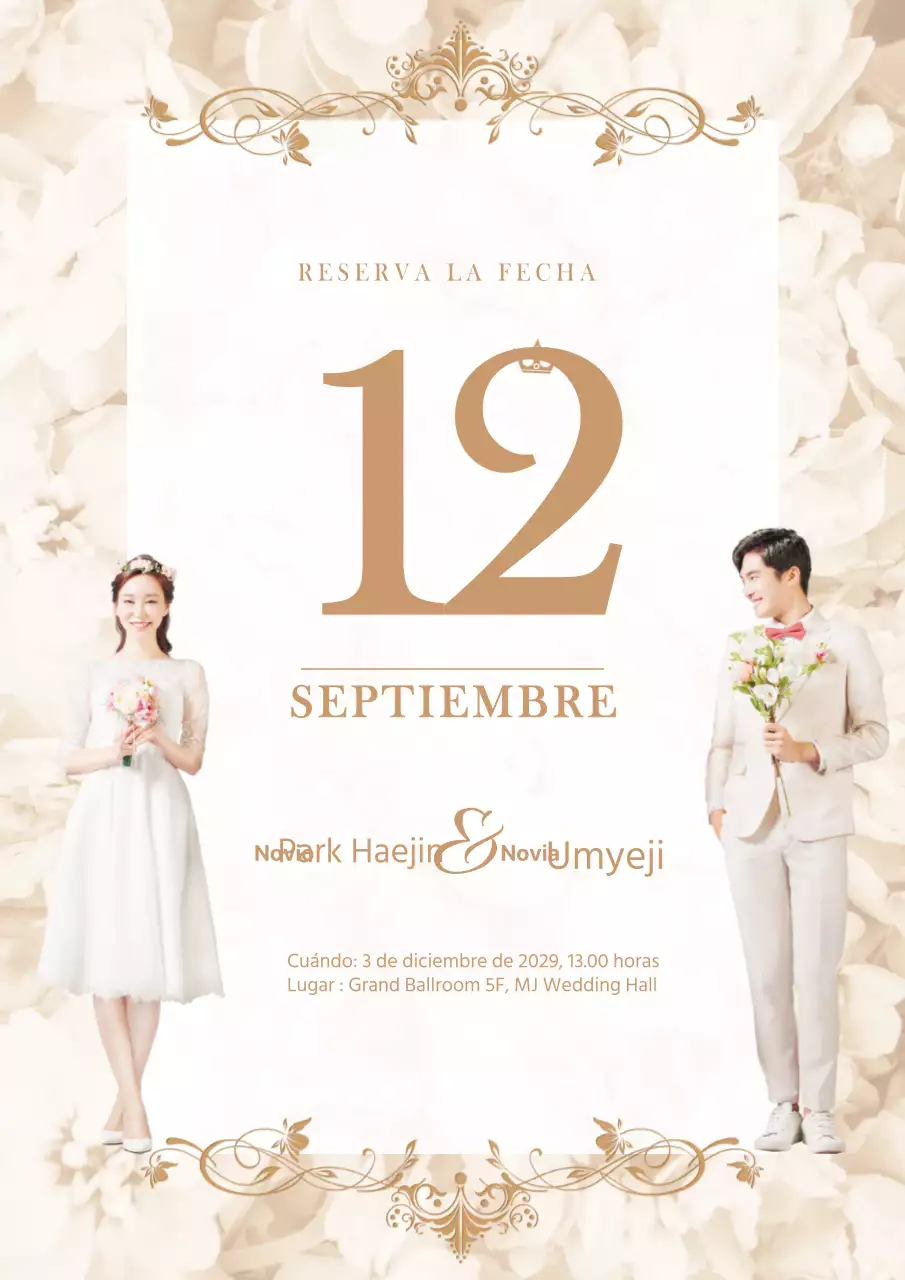 Lujosa guía de bodas con fotos de novios en marfil y oro