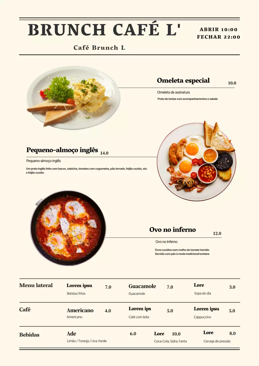 Cartaz de menu de café brunch simples bege
