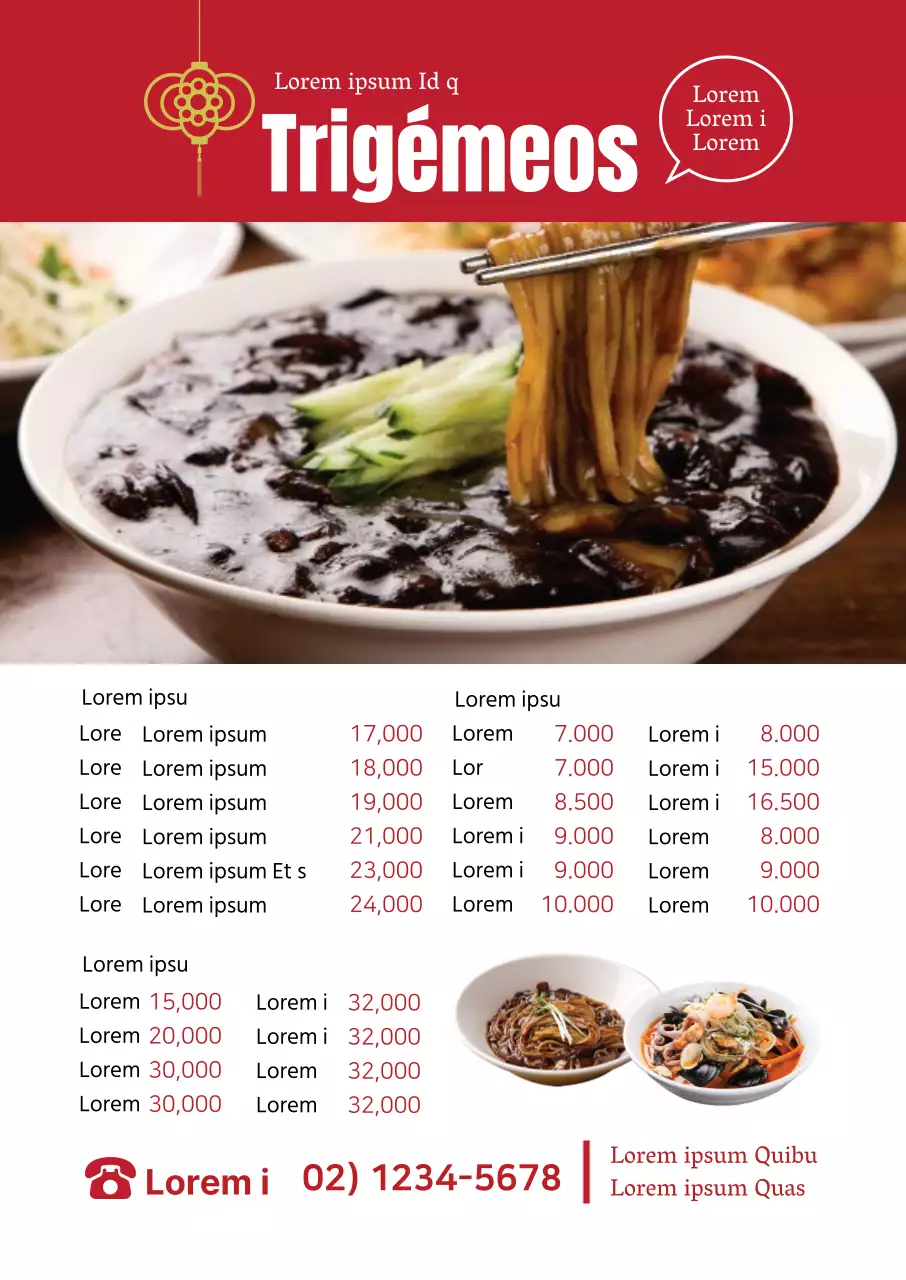 A fotografia a vermelho realça a limpeza do menu chinês do restaurante