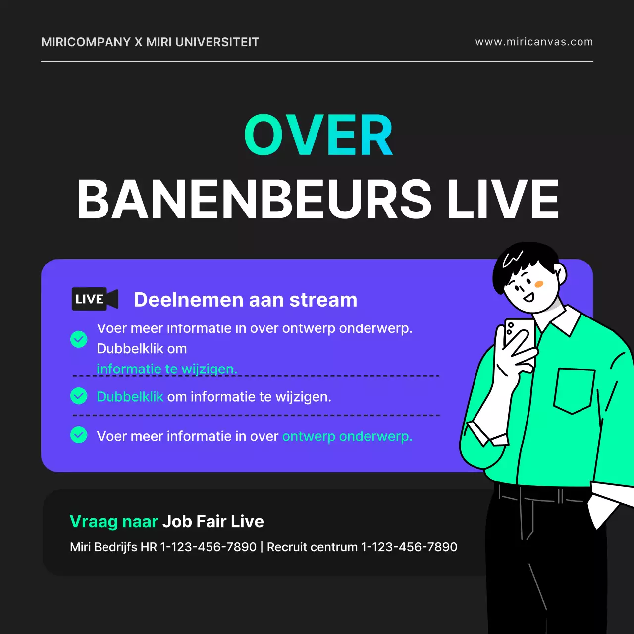 Een online vacature voor een IT-ontwikkelaar met een city-pop gevoel, met geometrische vormen in zwart en neonkleuren.