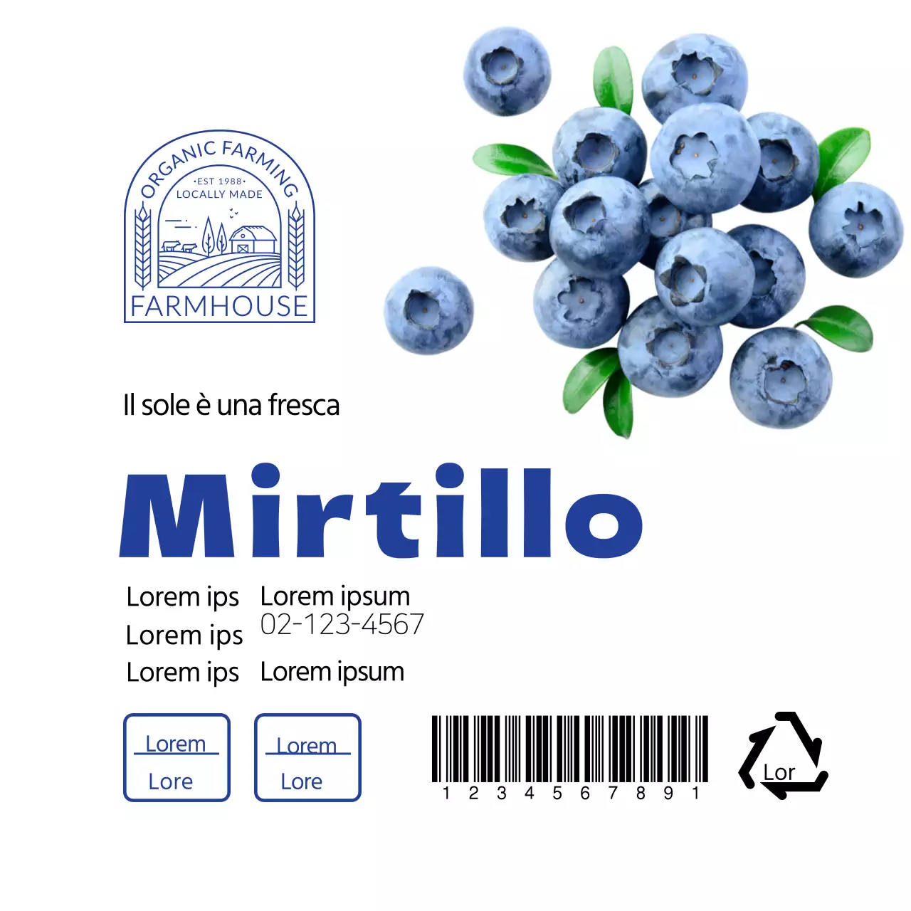 Etichetta bianca blu ordinata di mirtillo