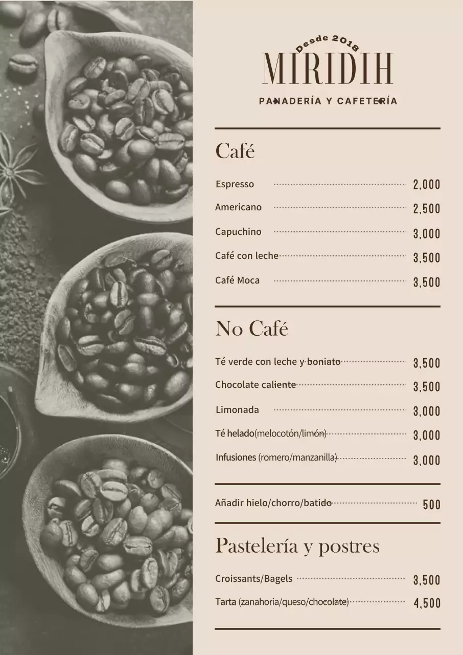 Cartel de menú de cafetería con fotos en tonos beige cálidos