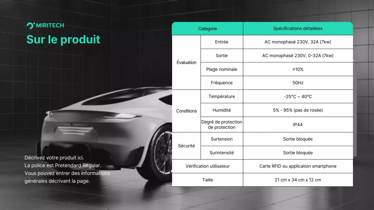 Proposition pour la livraison de chargeurs de véhicules électriques en turquoise et gris Proposition pour la fourniture de pièces pour une transaction B2B Miritech