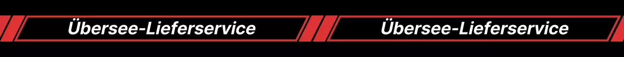Werbung für einen internationalen Versanddienst mit einem schwarz-roten diagonalen Rechteck