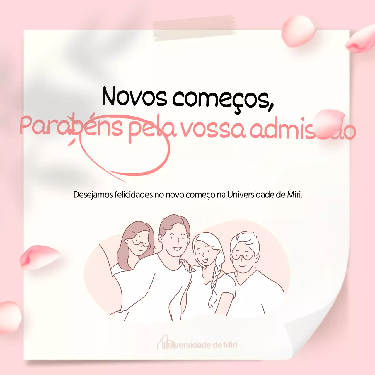 Evento de sopro de pétalas com palavras manuscritas de parabéns pela admissão num fundo de bloco de notas cor-de-rosa