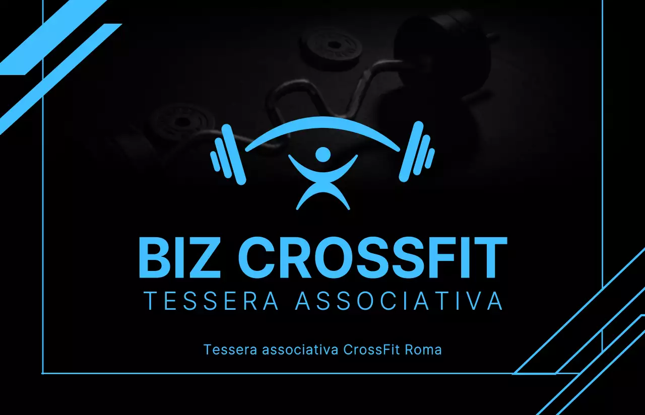 Stile di layout del testo semplice e pulito nella tessera associativa CrossFit nera e blu