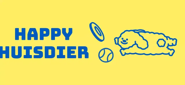 Huisdier benodigdheden winkel ontwerp met schattige gele en blauwe hond benodigdheden en puppy karakter illustraties