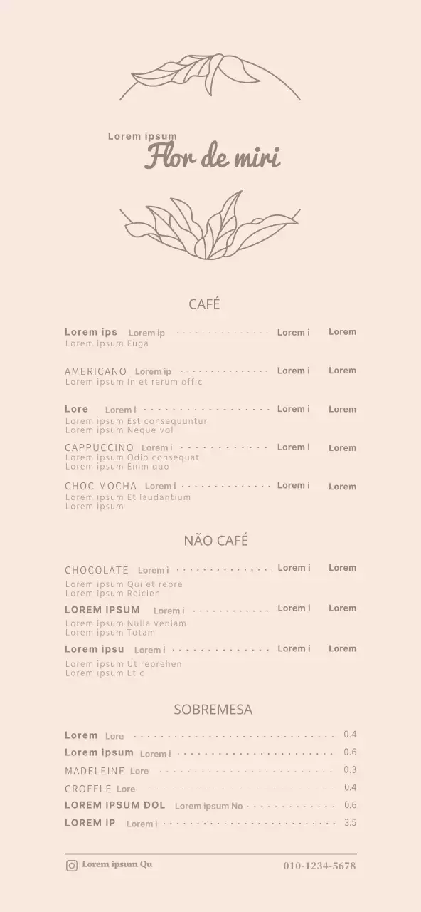 Preços de menus para um café concetual com ilustrações sentimentais em rosa claro e castanho.