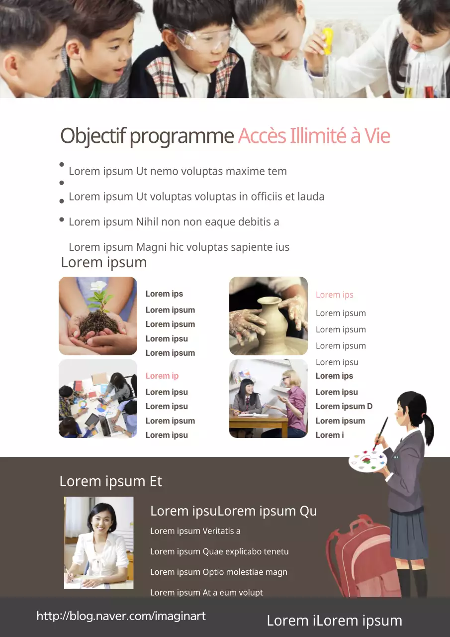 Promouvoir une classe pratique avec des photos d'enfants et des illustrations d'élèves en marron et en rose