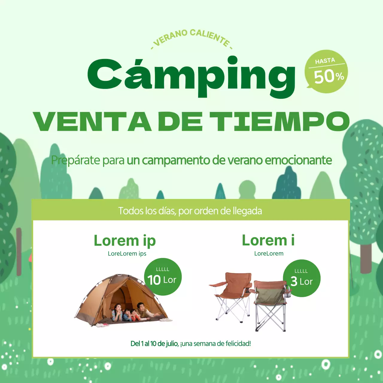 Banner cuadrado de venta de camping verde lima