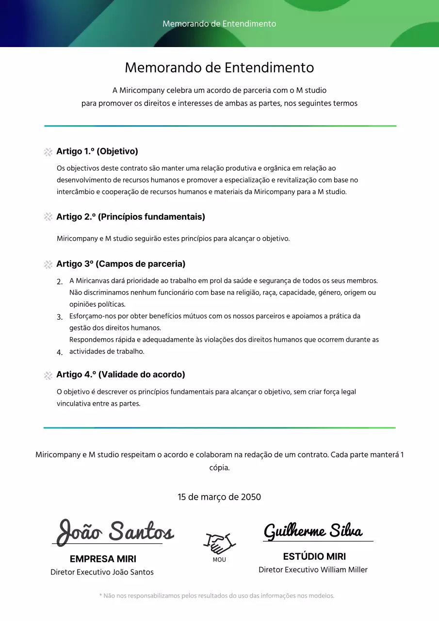 Azul-marinho e verde gradiente para assuntos comerciais MOU acordo de documento de parceria (modelo comercial)