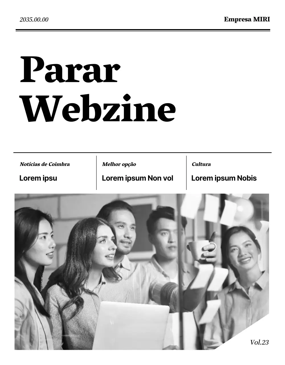 Webzine empresarial com um esquema de revista a preto e branco e azul