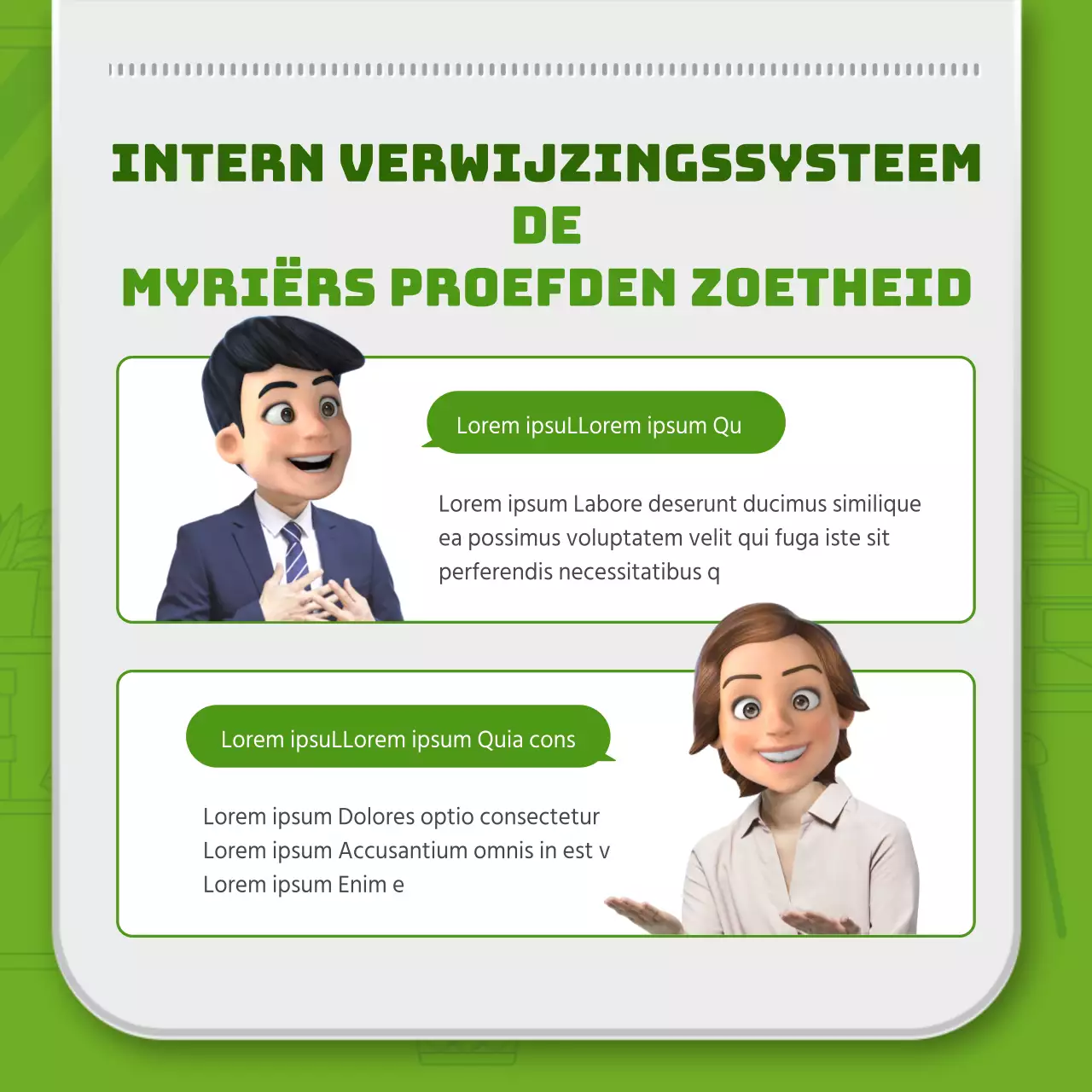 Groene eenvoudige lijn illustratie en 3D werknemerskaart combinatie thema voor het introduceren van interne verwijzingssysteem