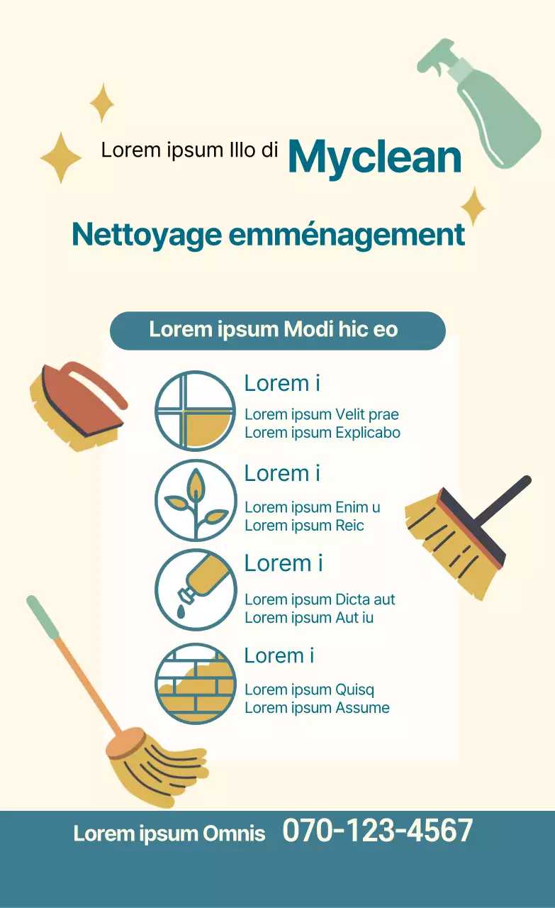 Illustration bleue et jaune promouvant un service de nettoyage d'emménagement bien rangé