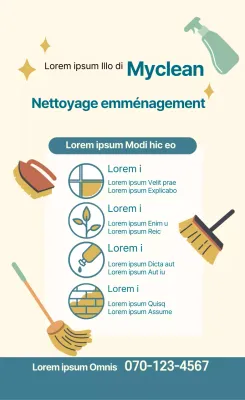 Illustration bleue et jaune promouvant un service de nettoyage d'emménagement bien rangé