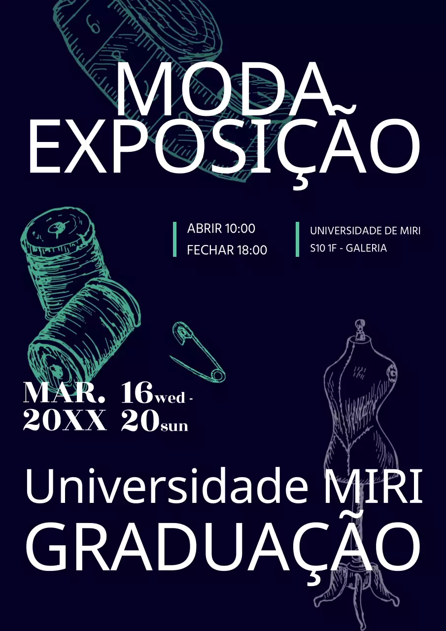Anúncio da exposição de graduação de moda da Marinha