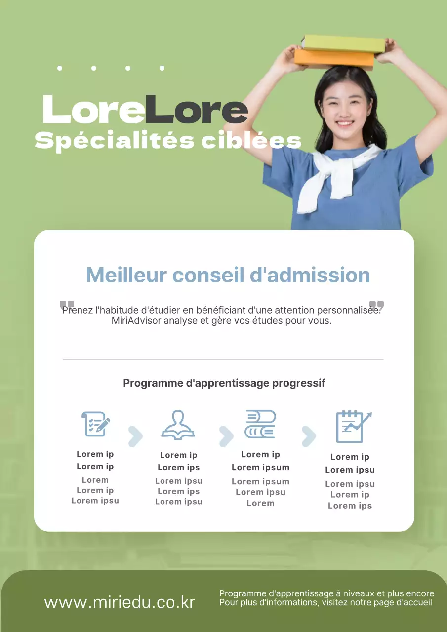 Une introduction claire au programme scolaire de l'école avec des icônes bleues et vertes.