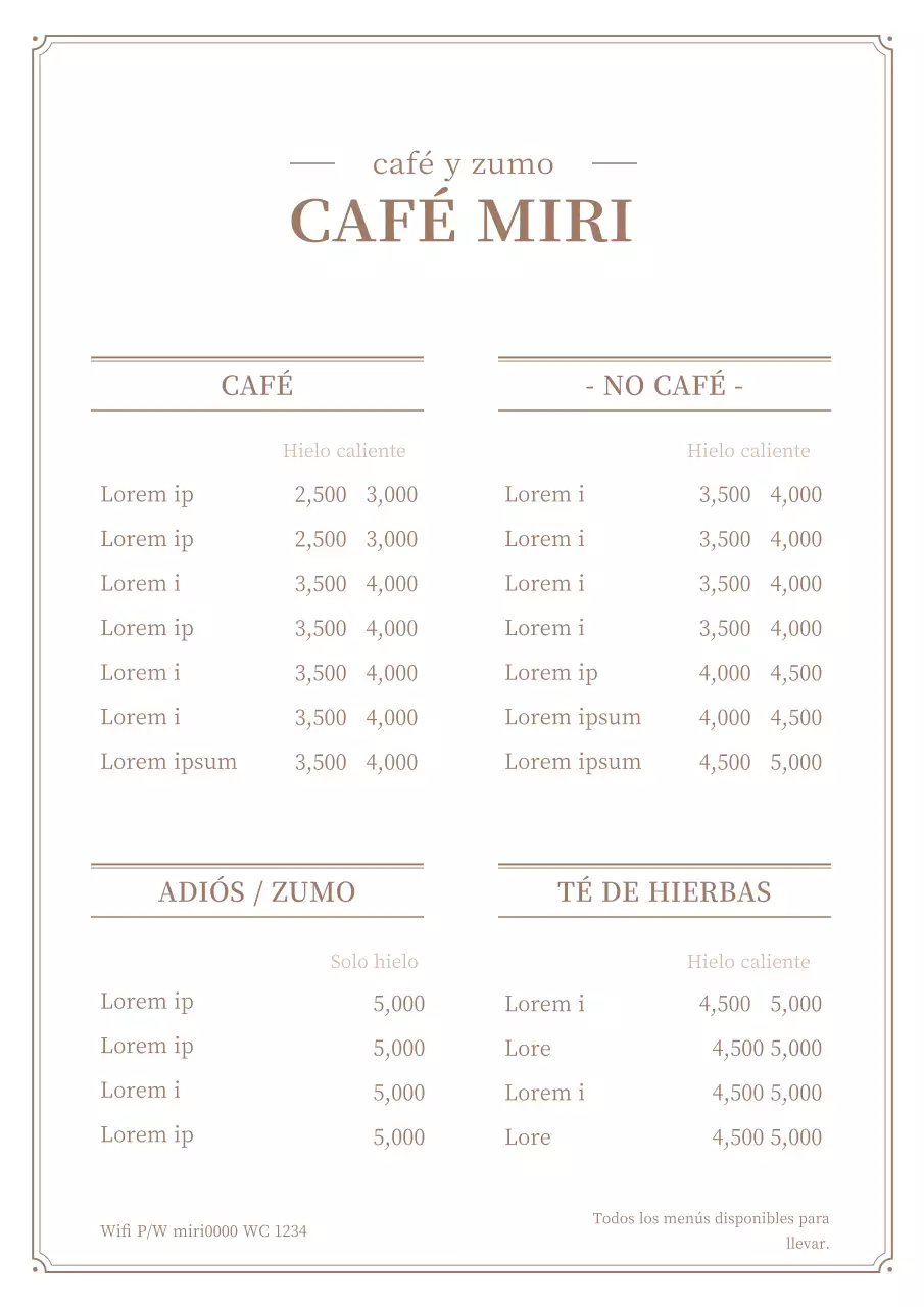 Sencillo cartel de menú de cafetería en blanco y marrón