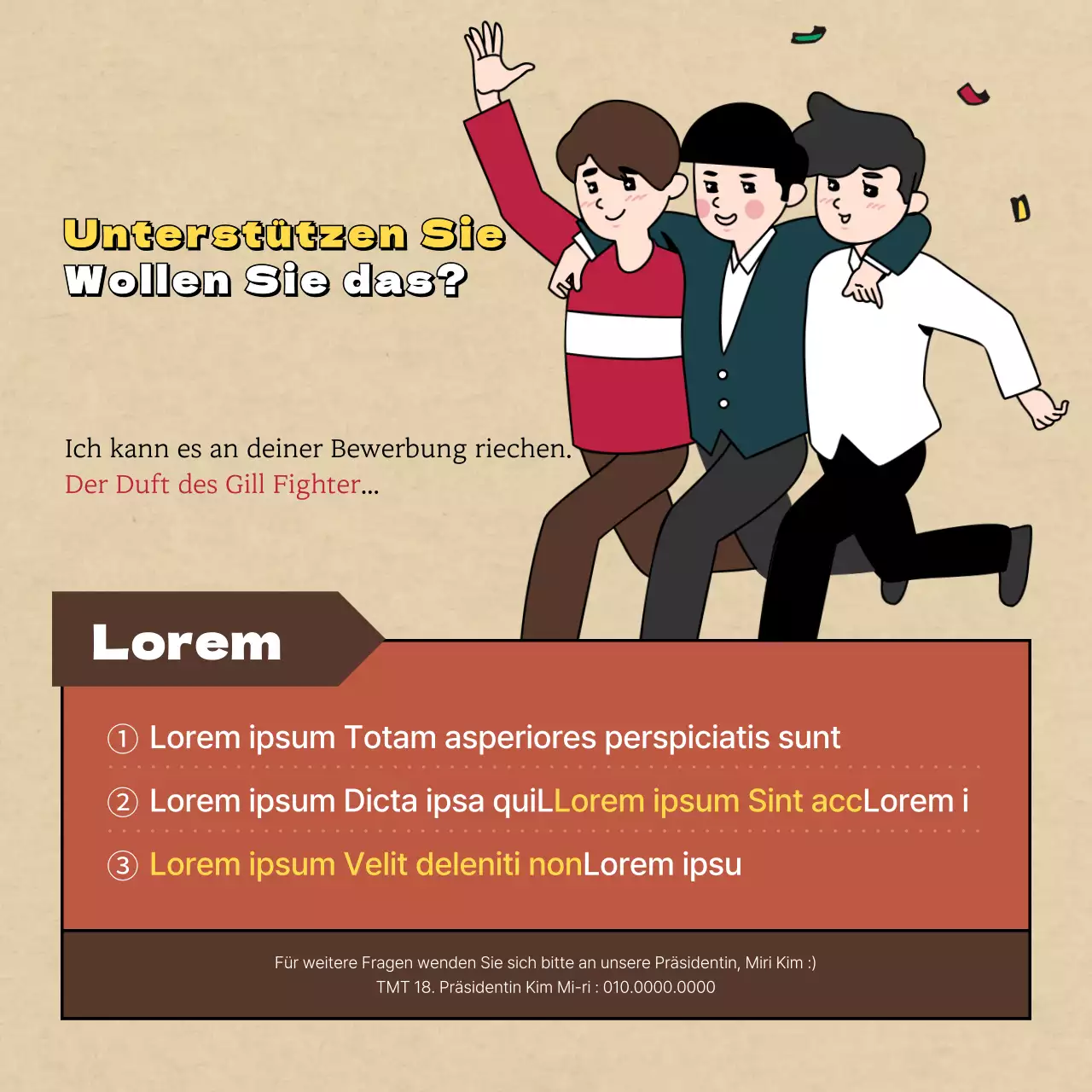 Ein Aufruf zur Bewerbung für einen Club mit Retro-, Vintage-, witzigen und sensiblen Illustrationen in Braun und Beige.