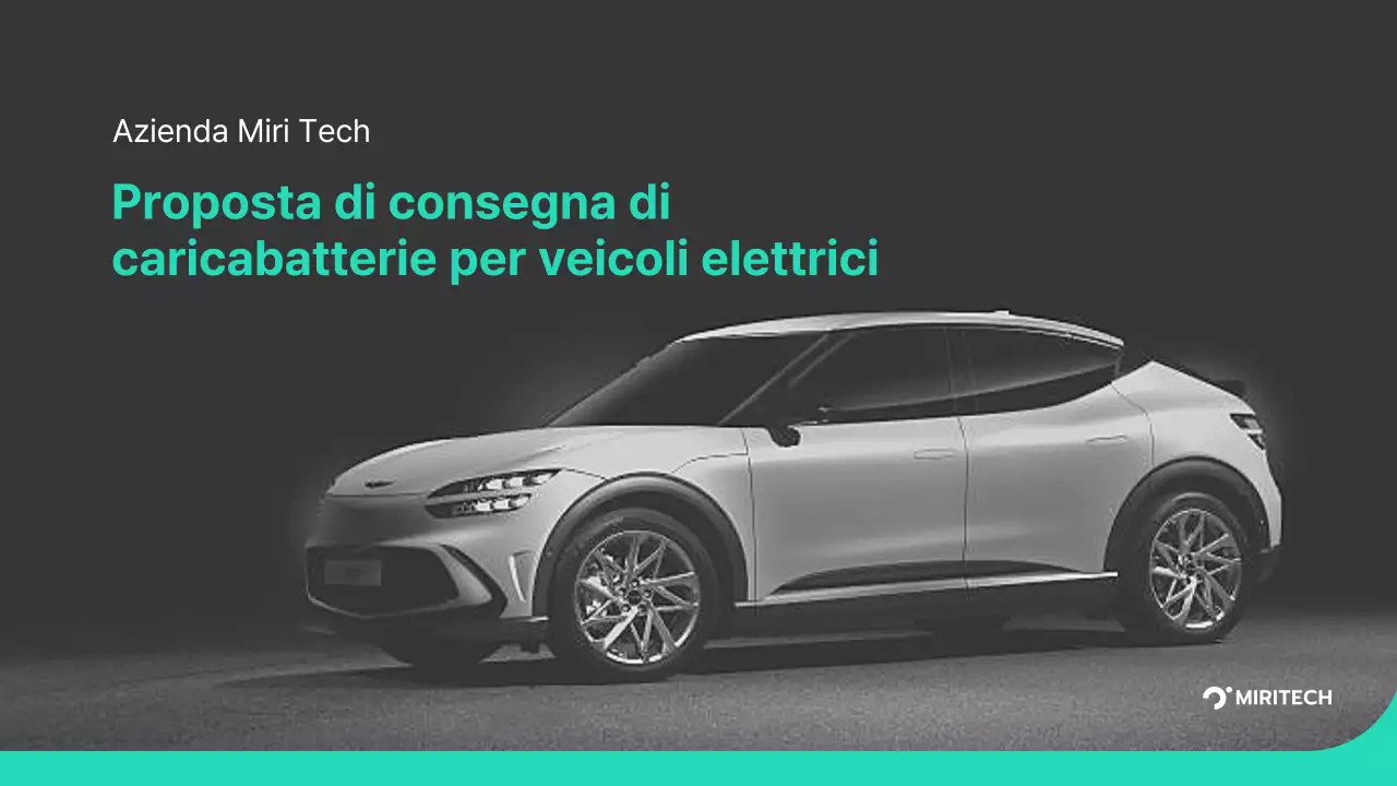 Proposta di fornitura di caricabatterie per veicoli elettrici di colore turchese e grigio Proposta di fornitura di componenti per una transazione B2B Miritech