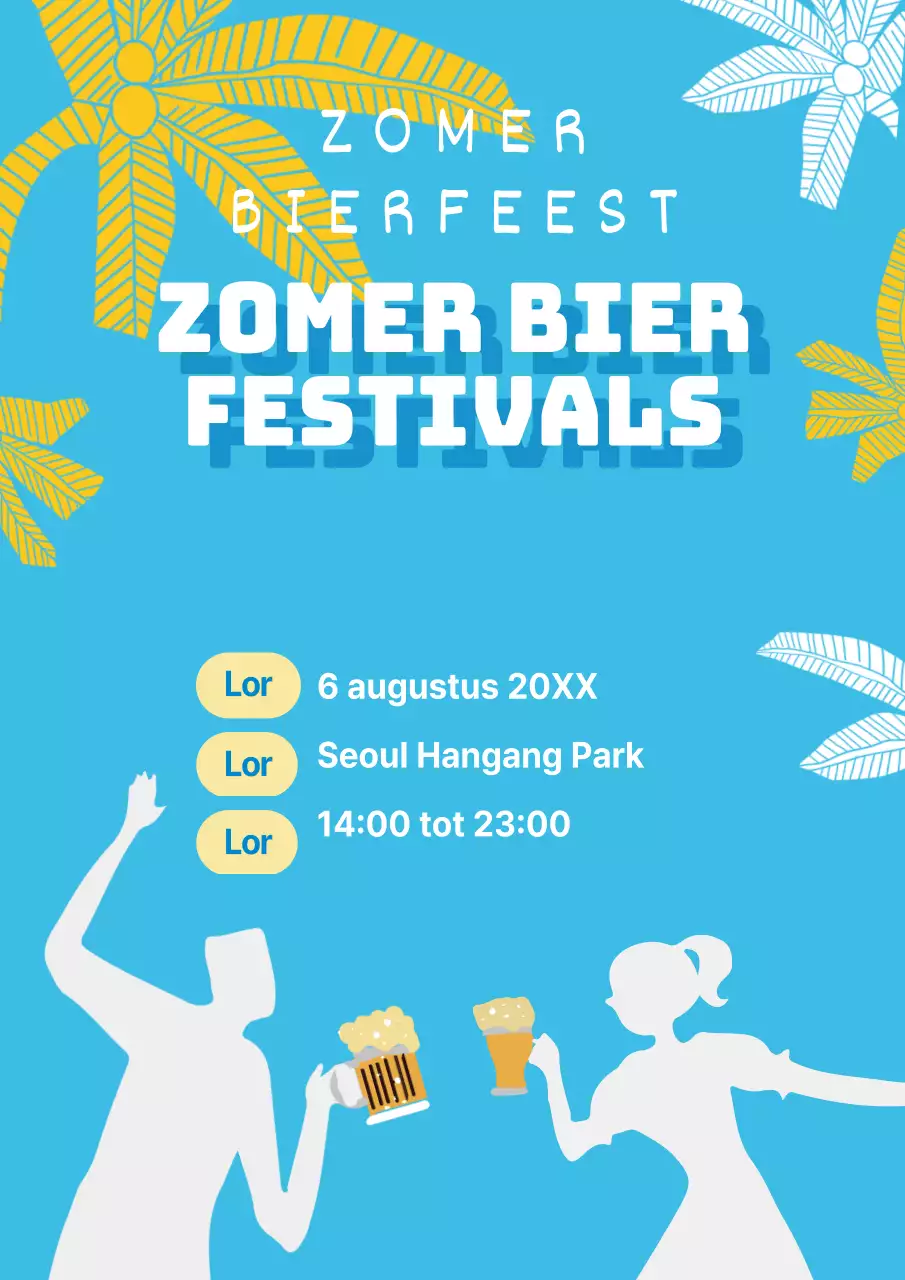 Promoot een zomerbierfestival met illustraties op een lichtblauwe achtergrond