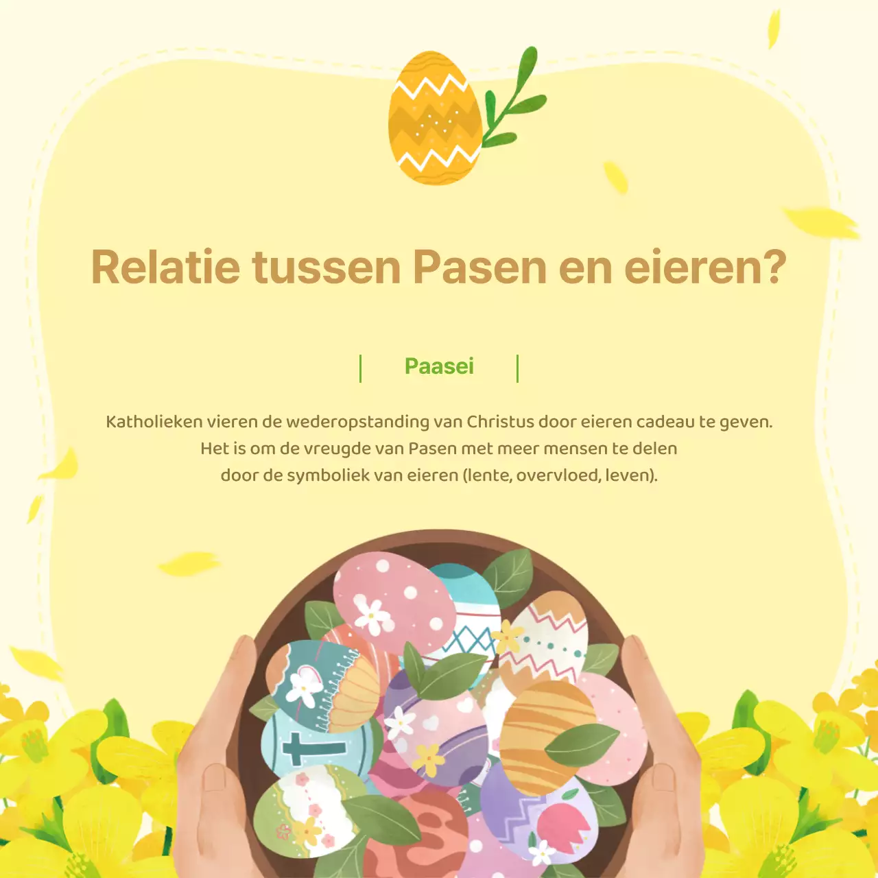 Paas- en eibeschrijving en kerkuitnodiging met gele bloemenachtergrond