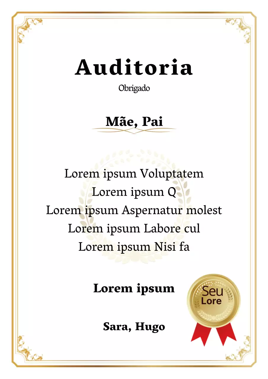 Carta de agradecimento dos pais em branco e dourado