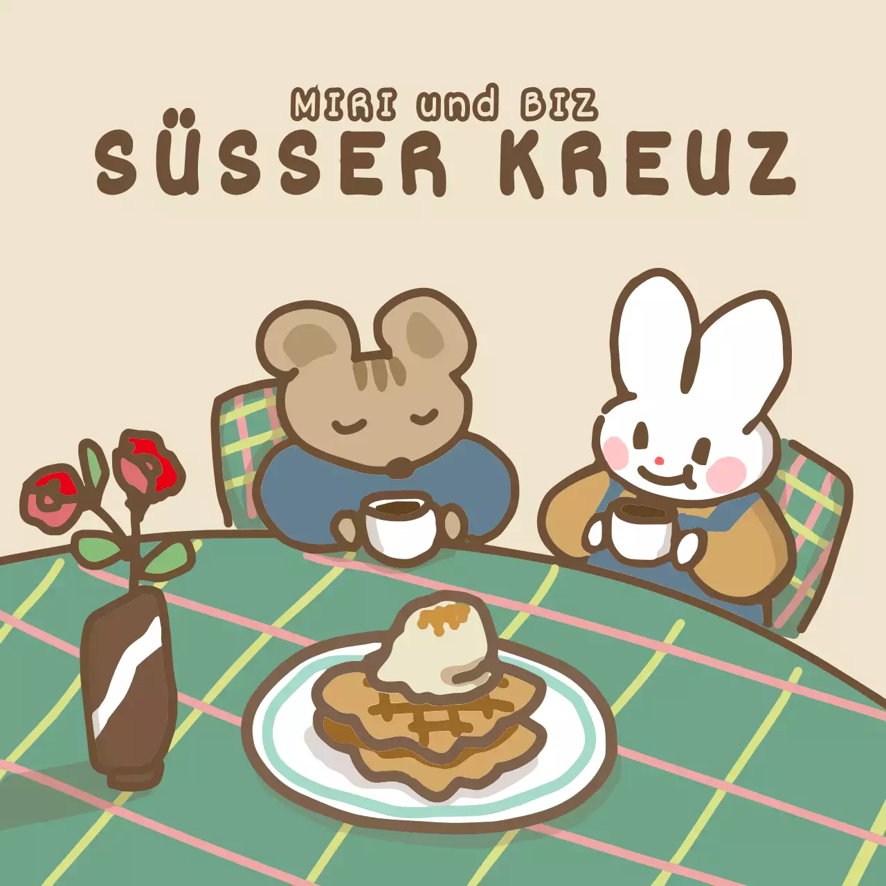 Tea Time Illustration Konzept eines niedlichen Eichhörnchen und Hase in hellgelb und braun.